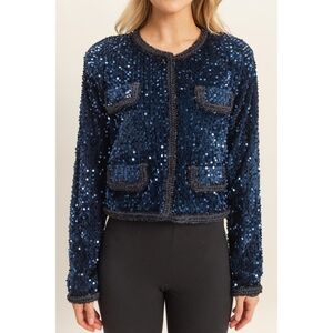 Navy Blue Sequin Designer Inspired Statement Formal Lined Blazer
